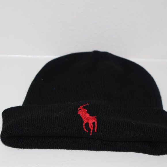 Polo Ralph Lauren Black Knit Beanie Red Pony Logo - Picture 3 of 5